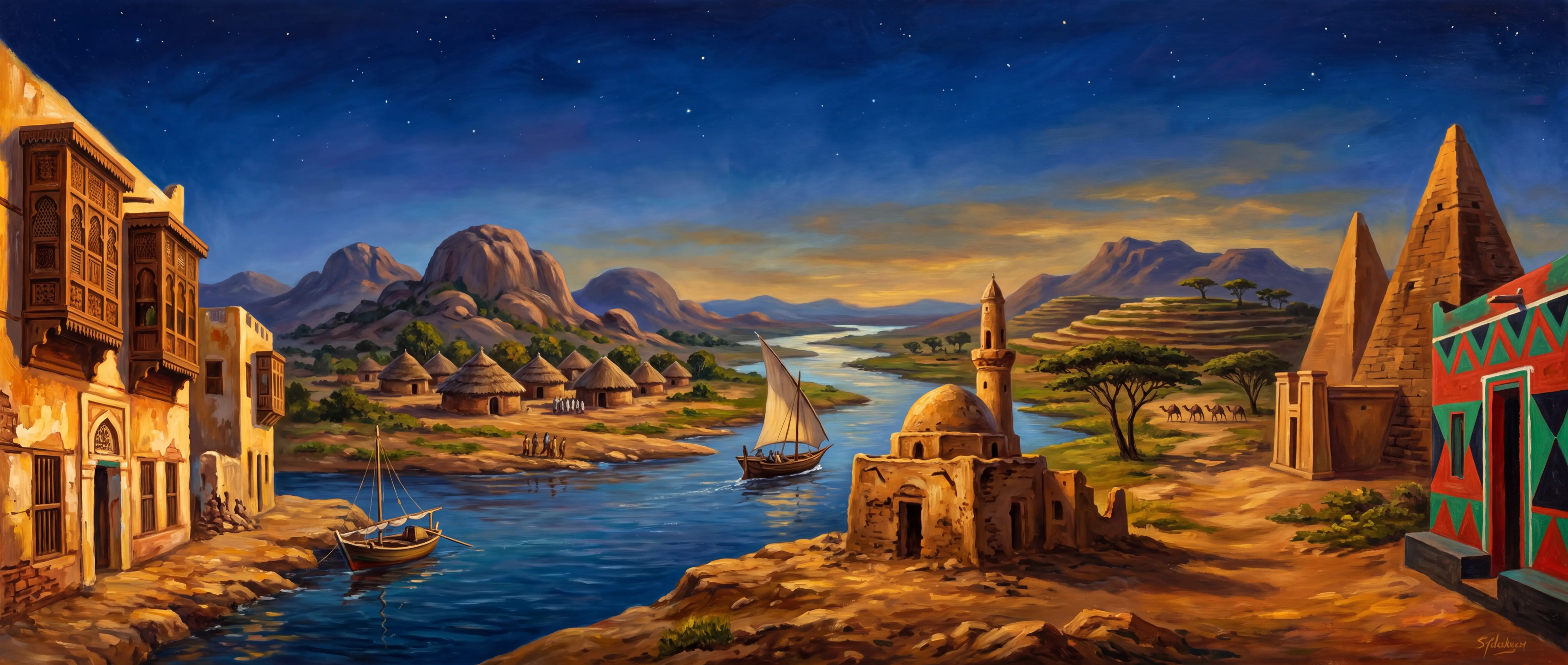 Painted panorama of Sudan at dusk: Suakin on the Red Sea, the Nuba hills, the Nile with a dhow and a domed qubba, the Darfur highlands, and the pyramids of Meroë
